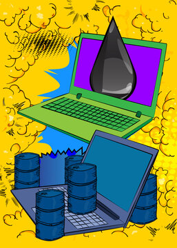 Cartoon Laptop, comic book Notebook with Oil Barrel and Oil Drop. Retro vector comics pop art design.
