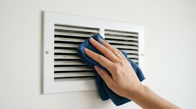 Close up of a woman hand cleaning a dusty air vent with a blue microfiber cloth for home maintenance and hygiene