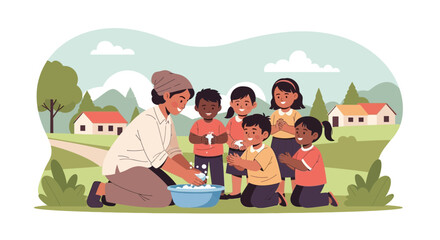Naklejka premium Teacher teaching kids handwashing, hygiene, outdoor classroom, countryside