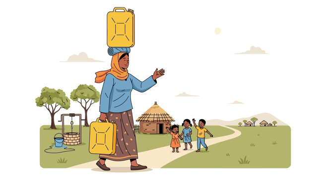 Woman Carrying Water Jerricans with Children in Rural Village