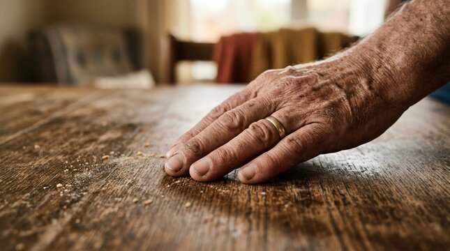 Close up of an elderly man hand resting on a rustic wooden table with crumbs representing aging and loneliness