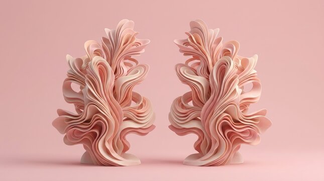 Two symmetrical abstract sculptures with flowing wavy layers in soft pastel pink colors standing on a solid light pink background surface