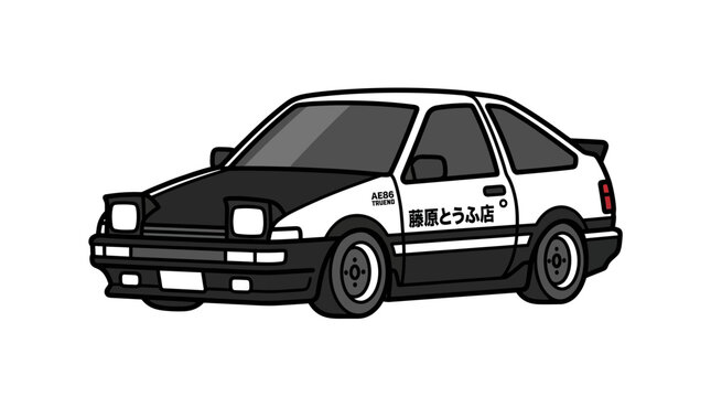 Classic black and white hatchback car illustration.