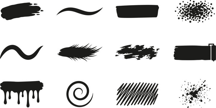 Set of abstract black ink brush strokes, smears, splatters, and design elements, various grunge textures and painted shapes.