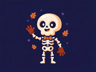 Naklejka premium Cute cartoon skeleton waving with autumn leaves