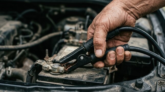 Senior man hands jump starting car battery with jumper cables for roadside emergency assistance and vehicle maintenance