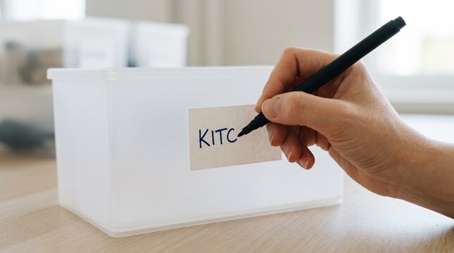 Person labeling clear plastic storage bin for kitchen organization and home decluttering project