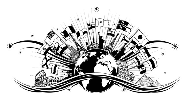 Global Travel Concept with Landmarks and World Flags Illustration