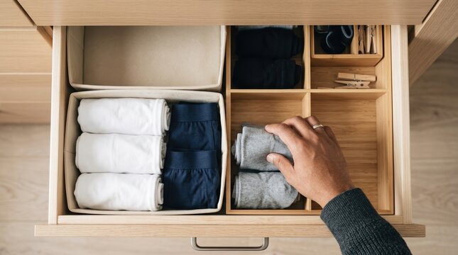 Organized Male Underwear Drawer with Folded Clothing and Socks for Minimalist Home Storage and Closet Management