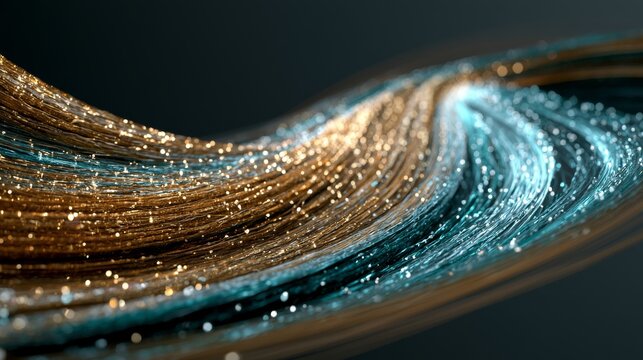 Abstract flowing gold and blue energy waves with glowing particles on a dark background. Dynamic 3D futuristic texture ideal for technology presentations, data flow concepts, network communication, lu