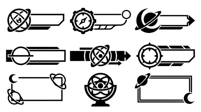 Black and white user interface vector set featuring armillary globe stands, gear compasses, and crescent moon planet lower third stream text frames