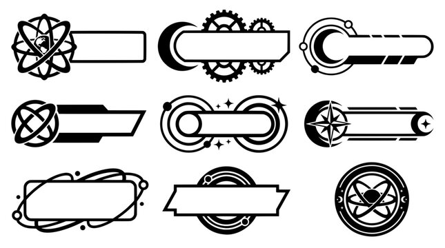 Black and white user interface vector set featuring mechanical gears, celestial globes, compass stars, and orbit rings for lower third stream banners