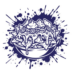 Naklejka premium Bowl of nachos with melted cheese and sour cream with dark blue ink splatter on at-shirt poster white background, for mexican restaurant menu