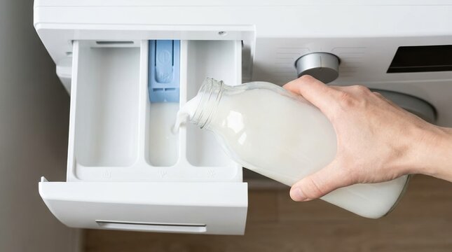 Person pouring milk into washing machine detergent drawer, conceptual mistake or laundry hack, household chore mishap