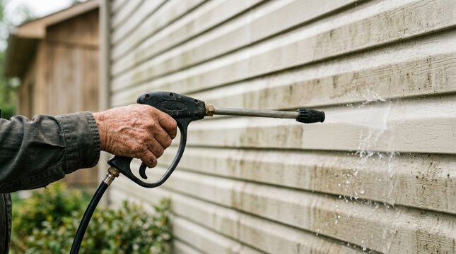 Senior man pressure washing dirty vinyl house siding for exterior home maintenance and spring cleaning project