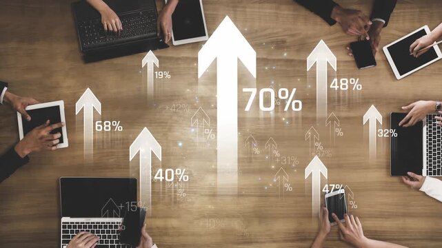 Business professionals collaborating at a wooden table with laptops and tablets showing upward trending arrows and data visualizations in a modern workspace Sigmoid