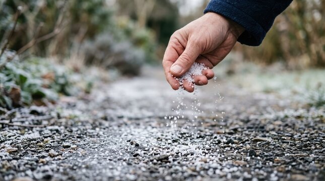 Person scattering rock salt on icy driveway for winter safety and deicing to prevent slipping on frozen ground
