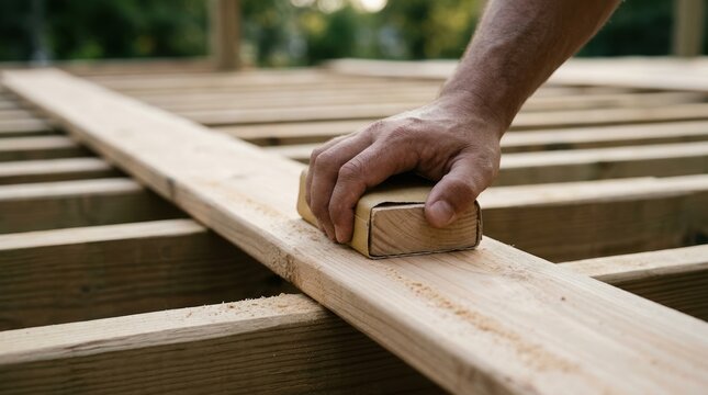 Adult Male Hand Sanding Wooden Deck Board with Sanding Block for Home Improvement and Carpentry Construction Project