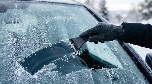 Person in winter gloves scraping ice from a frozen car windshield on a cold morning for safe driving visibility