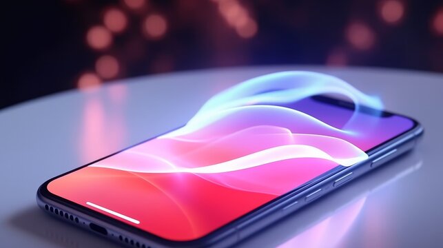 Futuristic smartphone displaying 3D glowing holographic neon waves floating above the screen concept for advanced mobile technology artificial intelligence apps and modern digital communication