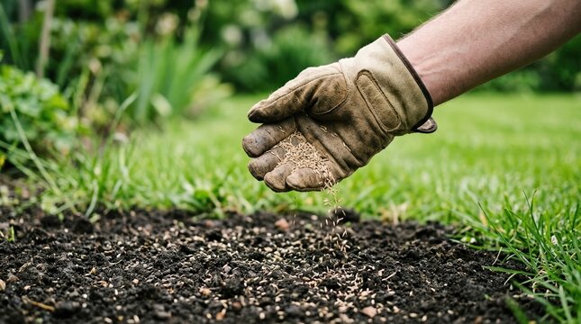 Gardener hand in leather glove sowing grass seeds into dark soil for spring lawn renovation and sustainable home landscaping