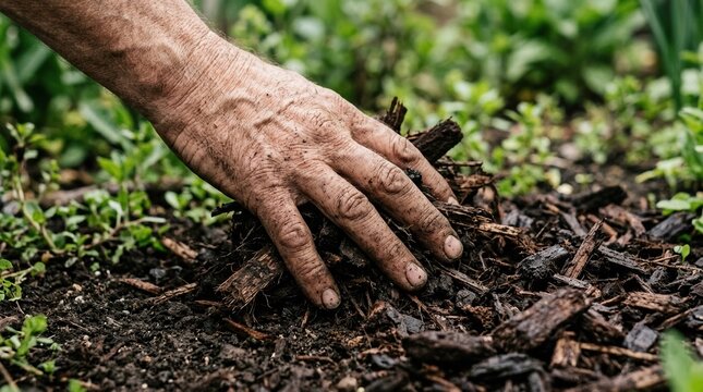 Close up of an elderly man hand touching organic soil and mulch in a garden for sustainable agriculture and farming concept