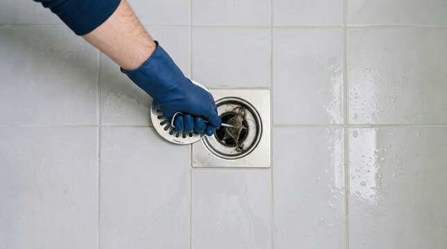 Person wearing blue rubber glove cleaning hair clog from shower drain in bathroom, home maintenance and plumbing repair concept