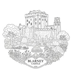 Fototapeta premium Illustration of Blarney Castle in Ireland with Lush Gardens and Trees