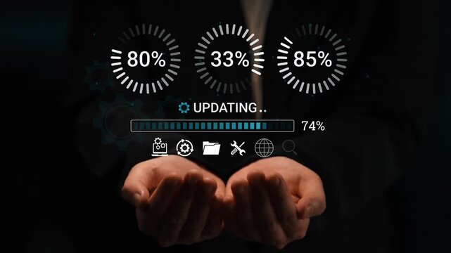Hands Holding Virtual Interface With Progress Indicators and Loading Animation Representing Digital Update Process and Data Management Concepts. Entropy.