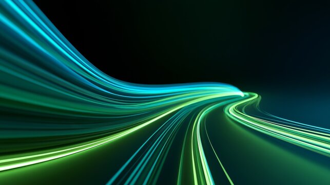 Abstract blue and green light trails on dark background. Dynamic motion blur and speed lines representing future technology, 5G network, eco-tech, and high-speed data transfer. Ideal for tech banners,