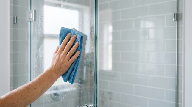 Person cleaning glass shower door with blue microfiber cloth for home maintenance and bathroom hygiene routine