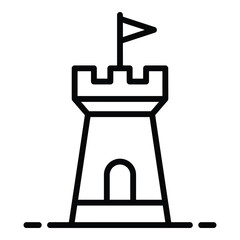 Simple line drawing of a castle tower with a flag on top icon © designers