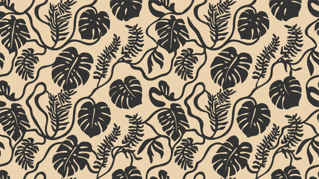 Tropical Monstera Leaf Seamless Pattern Beige Background