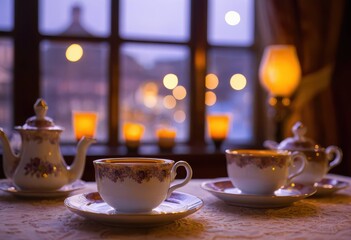 Fototapeta premium Cozy Autumn Morning Tea Setting with Warm Bokeh Lights