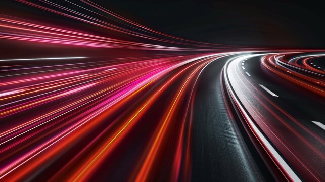 Abstract red and white light trails on dark road. Dynamic motion blur and speed lines representing future technology, fast transportation, city traffic, and data flow. Ideal for background, digital pr