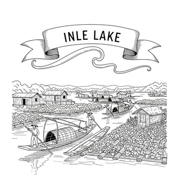 Inle Lake Sketch: Traditional Fishermen, Floating Gardens, and Stilt Houses in Myanmar