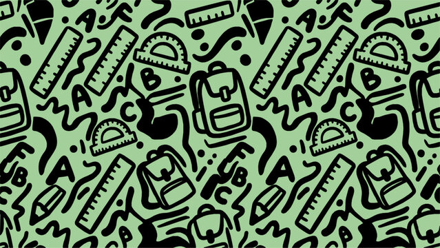 School Stationery Seamless Pattern Green Background