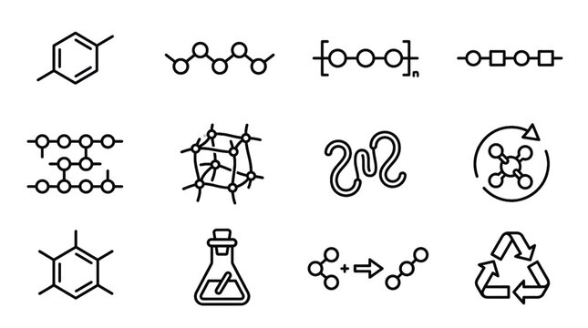 Polymer Chemistry Outline Icons &ndash; Monomer, Polymer Chain and Crosslinking Vector Set