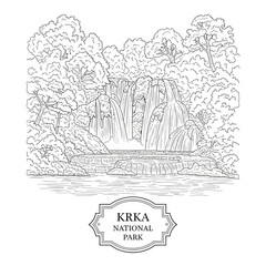Fototapeta premium Krka National Park Waterfall Illustration - Hand Drawn Sketch