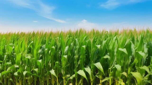 A cinematic view of a lush, vibrant green corn field swaying under a bright blue sky, capturing the peaceful essence of a sunny day on a productive farm.