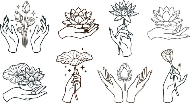 Mystical Line Art Hands Holding Lotus Flowers and Buds Set with Spiritual Esoteric Celestial Elements for Tattoo and Logo Designs Vector Illustration
