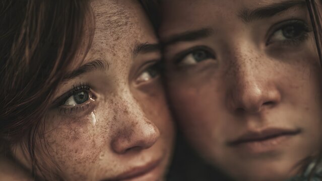 Two young women with freckles crying and leaning together for support. Close portrait of shared grief.