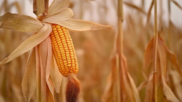 Close-up of a ripe, golden corn cob ready for harvest on a dry stalk, set against a blurred, rustic autumn field background.