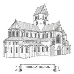 Fototapeta premium Ribe Cathedral Line Art Drawing - Historic Building Sketch