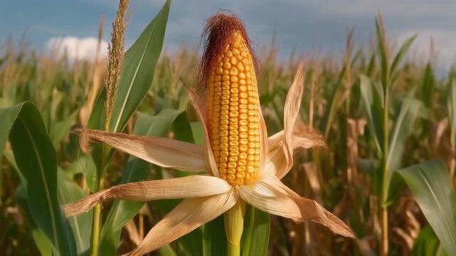 A detailed close-up of a vibrant, ripe golden corn cob with open husks growing on a stalk in a sunlit agricultural field during harvest season.