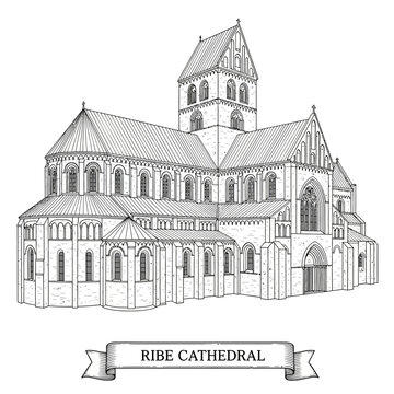 Ribe Cathedral Line Art Drawing - Historic Building Sketch