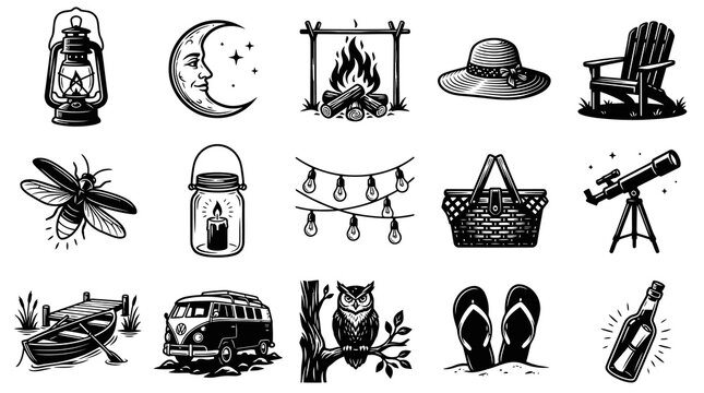 Black and White Line Art Icons: Camping, Outdoors, and Summer Night Theme