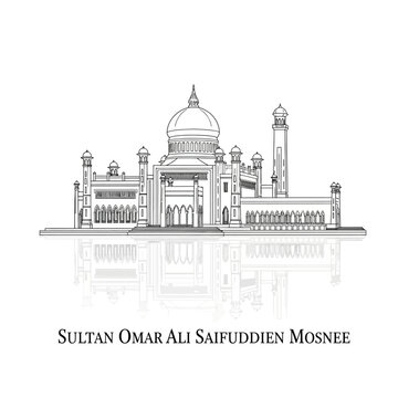 Sultan Omar Ali Saifuddien Mosque, Bandar Seri Begawan, Brunei - Sketch Illustration