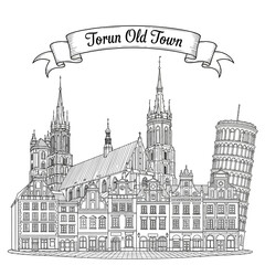 Fototapeta premium Torun Old Town Skyline Sketch: Medieval Architecture, Gothic Cathedrals, and Leaning Tower