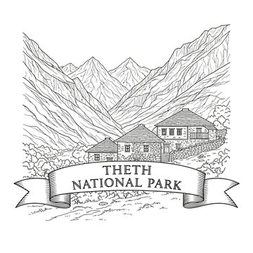 Theth National Park Village Drawing, Mountain Valley Houses, Nature Landscape Illustration